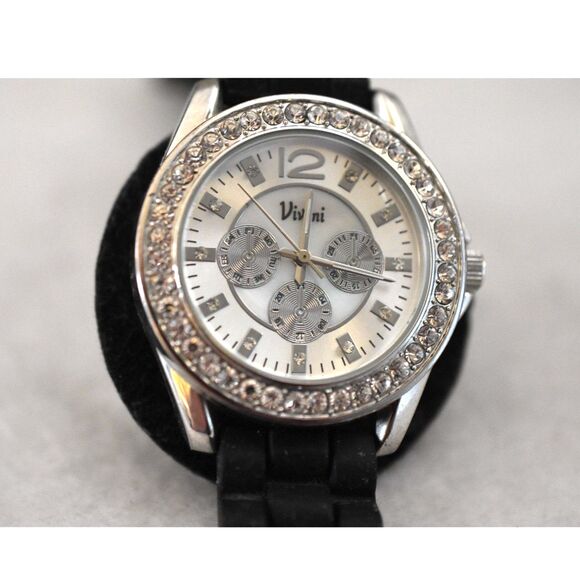 Vivani Rhinestone Accent Silver Tone Black Silicone Band New Battery Watch - Picture 1 of 5